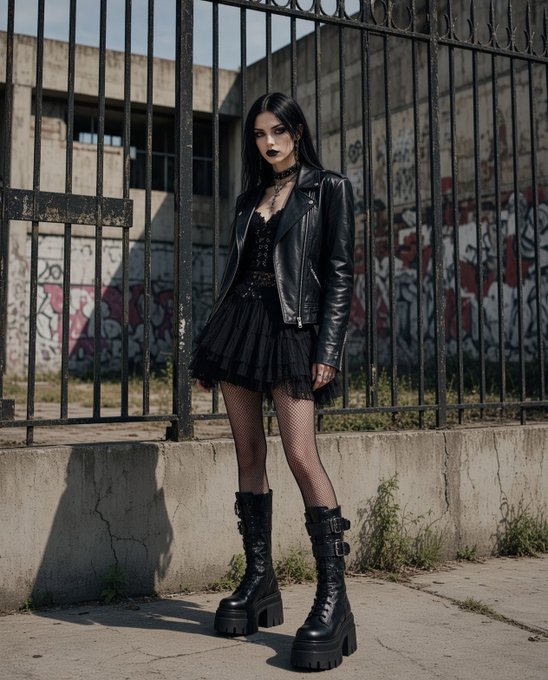 A young woman poses in a gothic style wearing a black leather jacket, short black dress, fishnet tights, and chunky platform boots in front of a graffiti-covered wall with a metal gate.