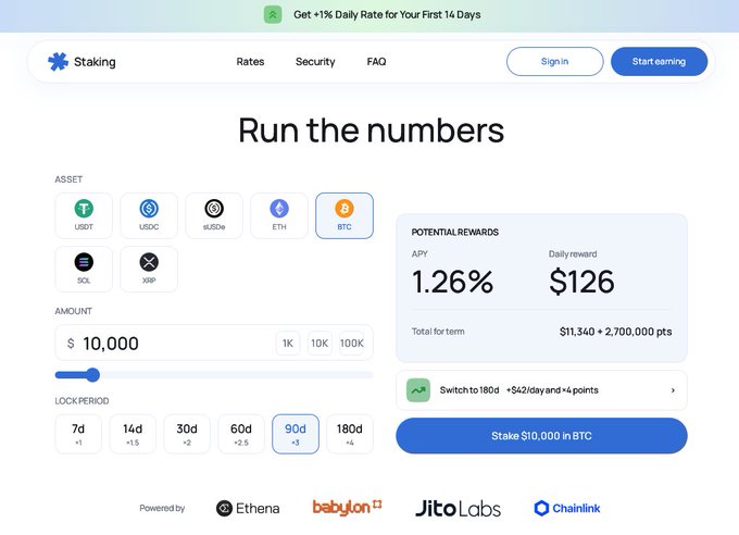 A cryptocurrency staking platform interface called 'Staking' showing potential rewards of 1.26% APY ($126 daily reward) for staking $10,000 in BTC over a 90-day period, powered by Ethena, Babylon, JitoLabs, and Chainlink.