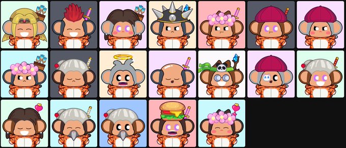 A grid of 20 cartoon monkey NFT character avatars with various colorful hats, hairstyles, and accessories against pastel backgrounds.