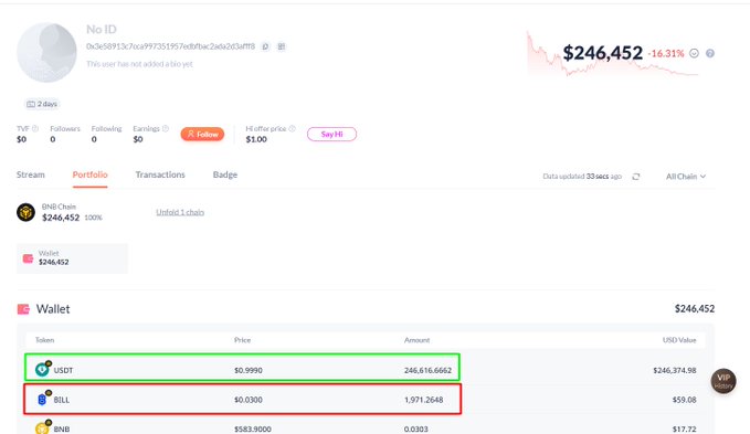 A cryptocurrency portfolio screenshot showing a wallet valued at $246,452 (-16.31%), highlighting USDT holdings of $246,374.98 and a BILL token holding of $59.08.