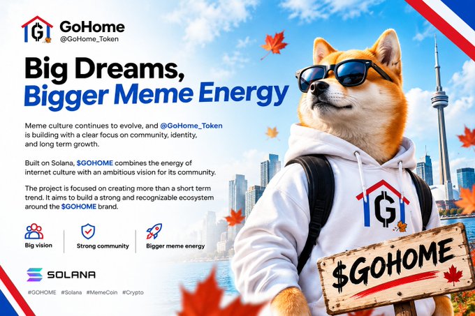 Promotional graphic for the GoHome cryptocurrency token (@GoHome_Token) featuring a Shiba Inu dog in sunglasses and a $GOHOME sign, with text reading 'Big Dreams, Bigger Meme Energy' and highlighting its Solana blockchain foundation.