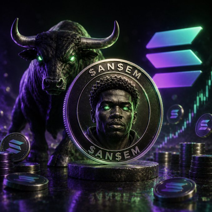 A stylized digital artwork featuring a glowing-eyed bull next to a large gold coin labeled '$AN$EM' with a man's portrait on it, set against a purple-lit background with floating Solana (SOL) logos and stacked coins.