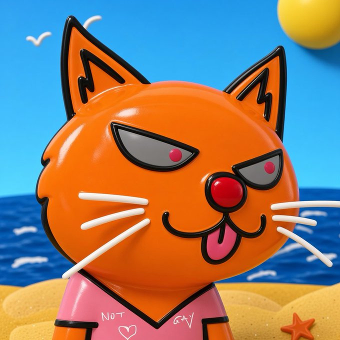 A glossy orange cartoon cat with red eyes and a mischievous expression stands on a sandy beach wearing a pink shirt, with text reading 'NOT GEN' on its clothing.
