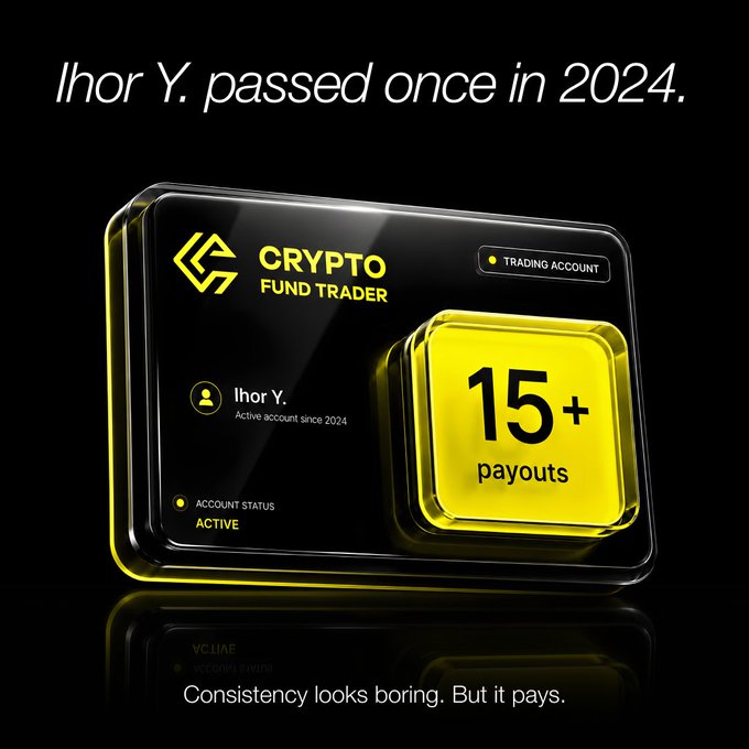 An advertisement for 'Crypto Fund Trader' showing a glowing black and yellow trading card for 'Ihor Y.', labeled as 'Active account since 2024' with '15+ payouts' and the tagline 'Consistency looks boring. But it pays.'