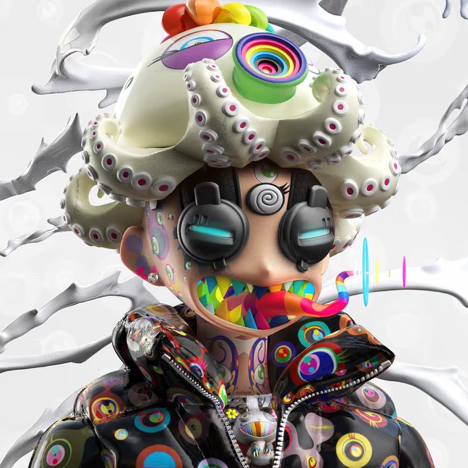 A surreal 3D render of a colorful, eclectic character with a large octopus headpiece, rainbow eyes, and a patterned jacket, set against a white background.