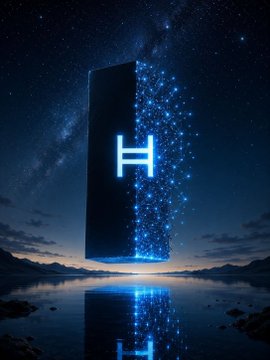 A digital art piece showing a tall monolith displaying the Hedera (HBAR) cryptocurrency logo, glowing with blue particles against a starry night sky and reflecting on water below.