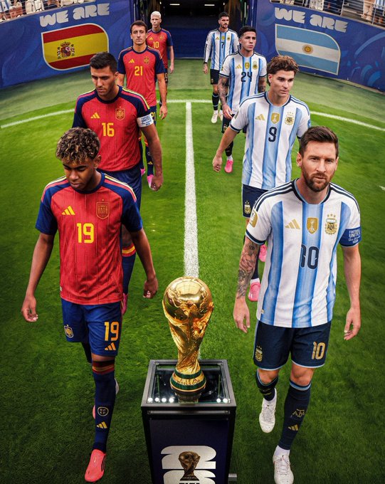 Players from Spain and Argentina walking onto the field for a World Cup match, with the FIFA World Cup trophy in the foreground and banners reading 'WE ARE' above each team's flag.