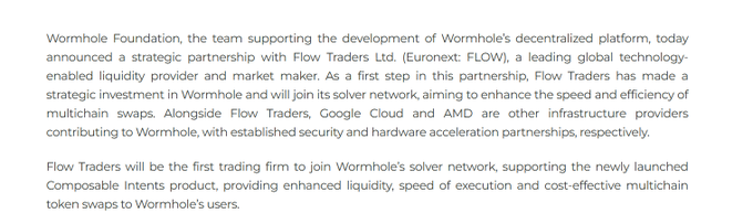 The image is a text-based announcement from the Wormhole Foundation announcing a strategic partnership with Flow Traders Ltd., with infrastructure providers Google Cloud and AMD also noted as contributors to Wormhole. The accompanying post highlights that Flow Traders, despite their investment in Wormhole, is now also using Chainlink ($LINK) infrastructure, framing Chainlink as the dominant global standard in blockchain infrastructure.