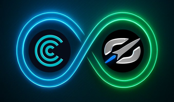 A glowing neon infinity symbol in cyan and green encases a 'C' logo on the left and a silver 'G' logo on the right against a dark background.