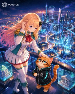 Anime-style illustration branded 'MANTLE' featuring a blonde girl in a white and teal outfit alongside a cat wearing glasses and a hoodie, set against a futuristic cityscape with holographic displays.