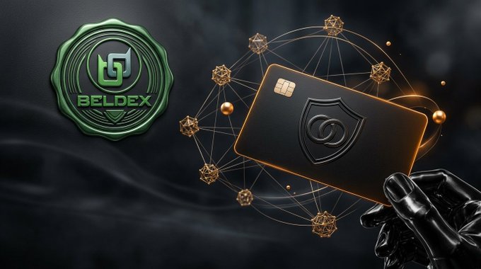 A promotional graphic displays a green 'BELDEX' wax seal logo next to a black metallic card with an interlocking emblem, held by a robotic hand and surrounded by a glowing geometric network on a dark background.