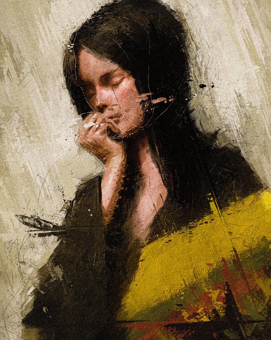 An expressive, painterly portrait shows a woman with dark hair in a dark top and yellow garment, her hand resting near her face against a textured, neutral background.