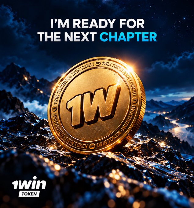 An advertisement for "1WIN TOKEN" featuring a large golden coin with "1W" embossed on it resting on dark terrain, with the text "I'M READY FOR THE NEXT CHAPTER" above and the 1win logo at the bottom left.