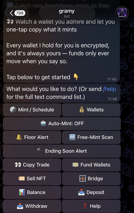 A screenshot of a Telegram bot interface named "gramy" displaying a menu of options including "Mint / Schedule," "Wallets," "Auto-Mint: OFF," "Floor Alert," "Free-Mint Scan," and "Copy Trade."