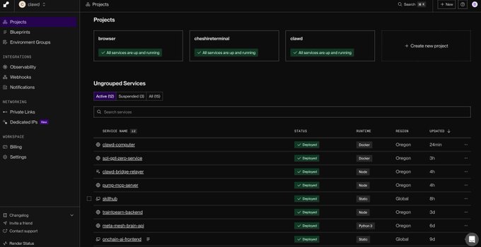 A screenshot of a Railway dashboard showing Projects browser, cheatintentional, and clearid, with ungrouped services including clearid-commuter, bcl-aid-zero-service, clearid-bridge-redirect, sparse-neo-service, skillhub, transmem-backend, meta-mesh-brian-api, and generate-ai-frontend, all marked as Deployed.