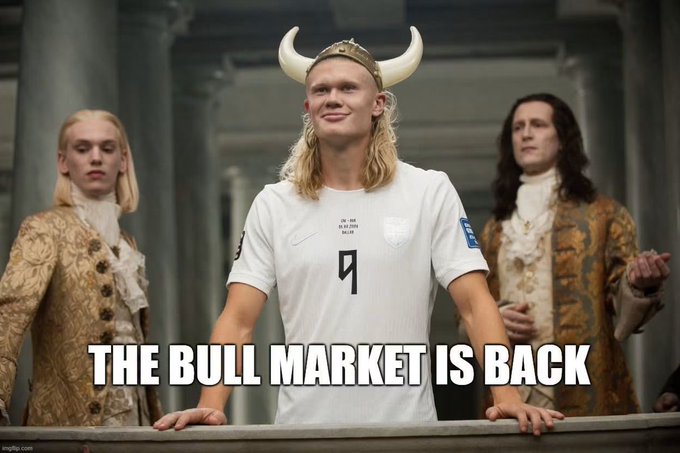 A meme featuring footballer Erling Haaland wearing a Viking helmet and an England shirt with the caption 'THE BULL MARKET IS BACK'.