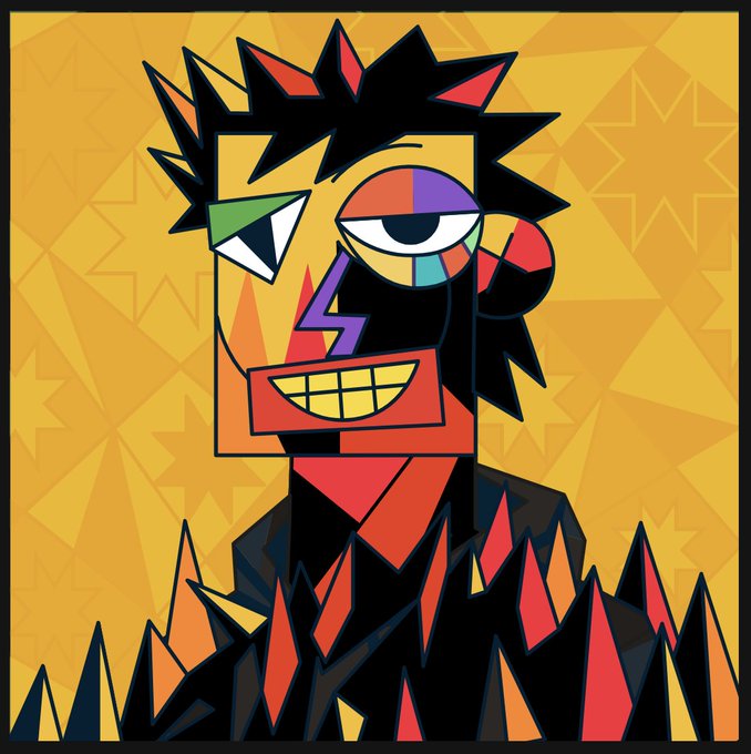 A vibrant cubist-style portrait featuring a fragmented face with colorful geometric shapes, spiky black hair, and sharp jagged teeth set against a yellow background with star patterns.