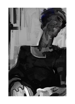 The image appears to be a digital painting of a sleek robotic figure rendered in grayscale tones, complementing the artist's post announcing new NFT acquisitions on the objkt marketplace. The minimalist, monochromatic composition reinforces a crypto-art aesthetic suited for blockchain collectibles.