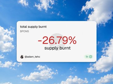 A graphic titled "total supply burnt" displays $PONS at -26.79% supply burnt, attributed to @adam_tehc, reinforcing the post's claim that $PONS ($PONS) has demonstrated lasting traction and engagement on Robinhood Chain beyond initial launch hype.