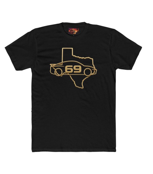 A black t-shirt displays a gold outline of the state of Texas with a sports car and the number '69' inside.