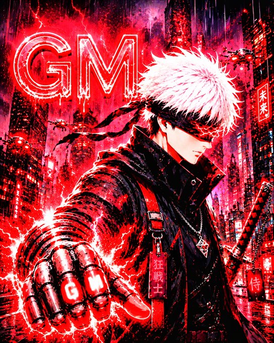 A stylized anime character with white hair and a red blindfold reaches forward over a crimson-lit cyberpunk cityscape, with the glowing letters "GM" and a red tag reading "狂戦士" (Berserker) hanging from their jacket. The image visually reinforces the "GM" (Good Morning) greeting by literally depicting those letters as the focal point, making it a fitting crypto/Twitter-style morning salute.