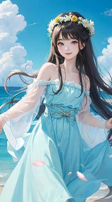 An anime-style illustration of a young woman with long dark hair wearing a flower crown and flowing light blue dress, standing by the sea under a bright blue sky.
