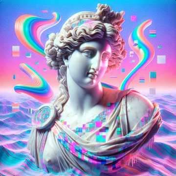 A vibrant, colorful digital artwork of a classical Greco-Roman style marble statue bust, embellished with flowing rainbow ribbons, scattered pixelated squares, and set against a surreal pastel landscape.