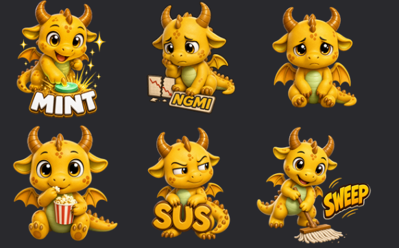 Six cartoon golden dragon stickers with meme-style text including 'MINT', 'NGMI', 'SWEEP', and 'SUS', depicting various crypto trading reactions.