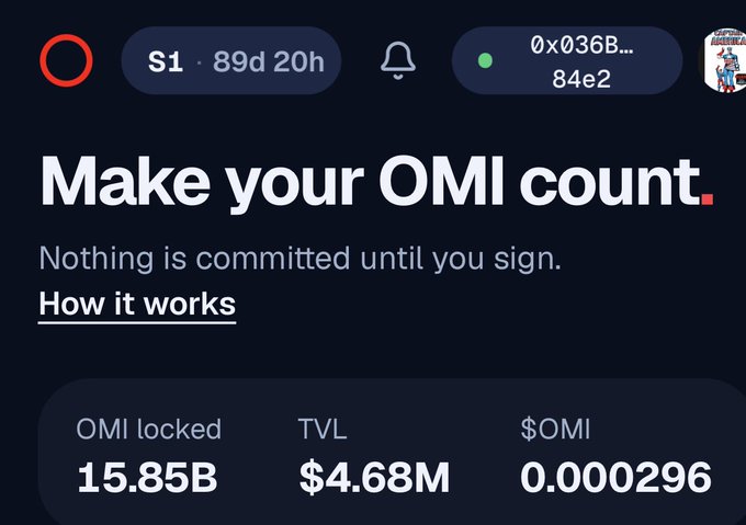 A digital interface screenshot displays 'Make your OMI count' with metrics showing OMI locked at 15.85B, TVL at $4.68M, and $OMI price at 0.000296.