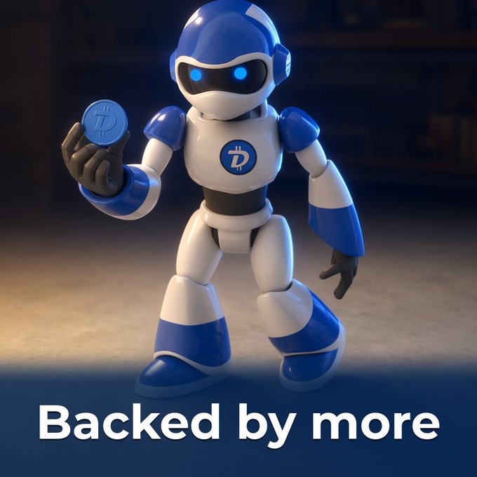 An advertisement image featuring a blue and white robot holding a coin with the Digibyte logo, accompanied by the text 'Backed by more'.