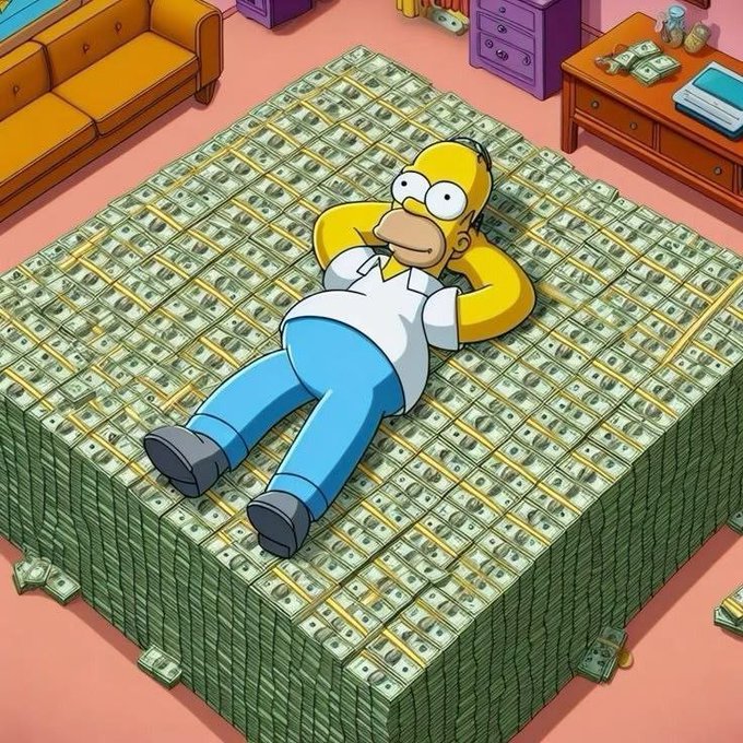 The image features a cartoon character, specifically Homer Simpson, lying down on a large pile of money. Homer is wearing a white shirt and blue jeans while resting his head on the money. The scene takes place in a living room with a couch and a dining table visible in the background.