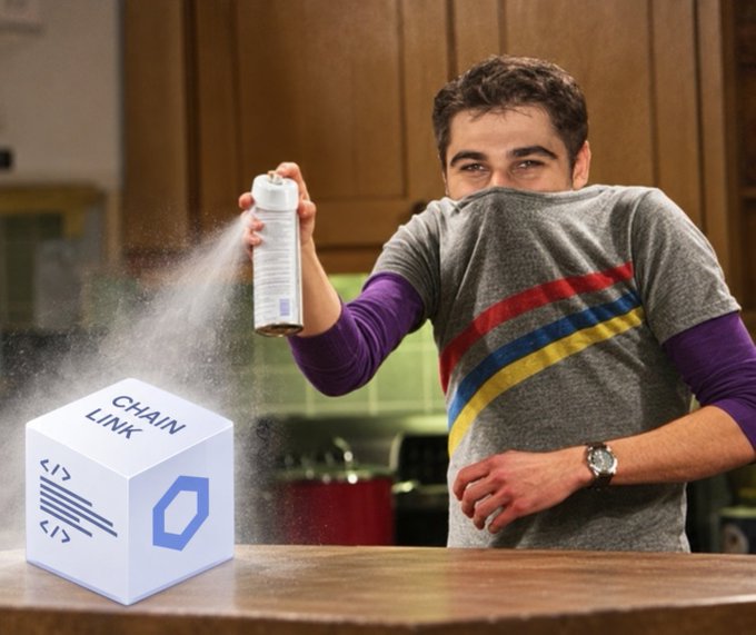 A man in a rainbow-striped shirt sprays air freshener to mask the stink from a glowing "Chainlink ($LINK)" cube, humorously depicting the foul-smelling reality of holding the popular altcoin.