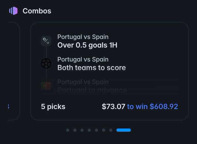 A sports betting combos interface showing Portugal vs Spain picks including 'Over 0.5 goals 1H' and 'Both teams to score', with 5 picks for $73.07 to win $608.92.