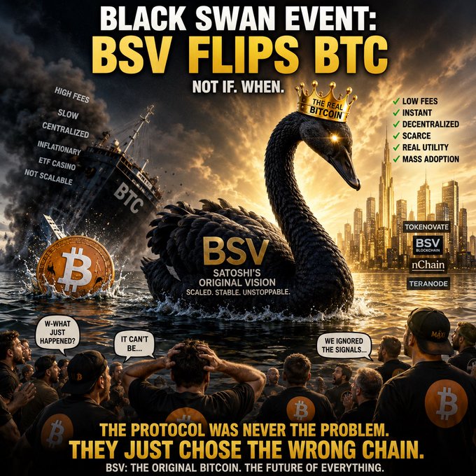 A promotional graphic depicting a black swan wearing a 'THE REAL BITCOIN' crown labeled 'BSV' sinking a ship marked 'BTC,' with text declaring 'BLACK SWAN EVENT: BSV FLIPS BTC' and listing BSV's advantages over BTC.