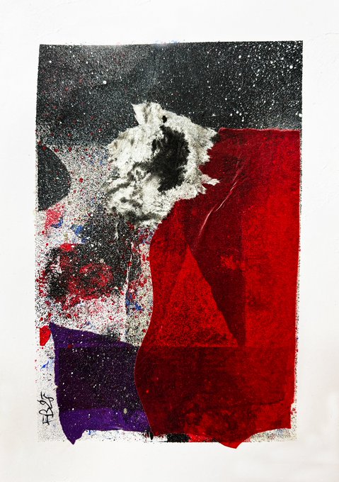 An abstract mixed-media artwork dominated by a large red shape, with black, purple, and white splatter effects and a textured central element against a starry black background.