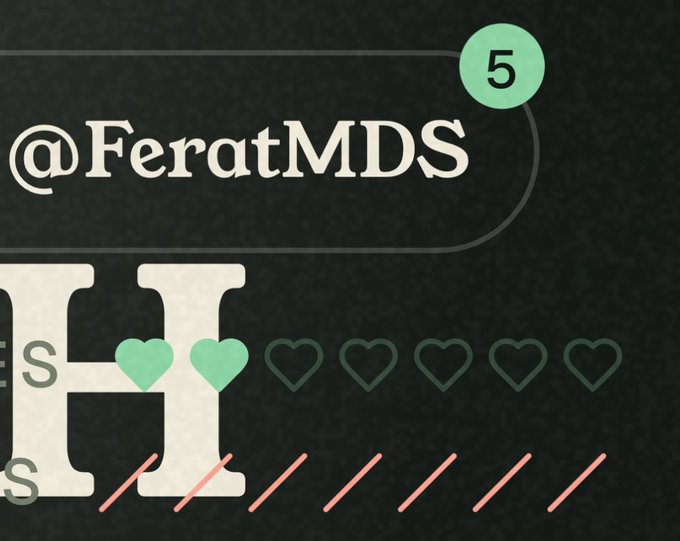 A dark graphic featuring the handle @FeratMDS with a green circle containing the number 5, alongside a row of heart rating icons showing two filled hearts and decorative slashes.