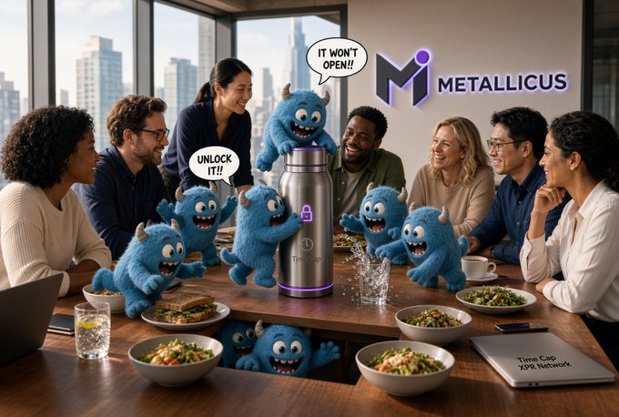 A group of people gather around a table with food bowls as several blue furry monster mascots try to open a large metallic container labeled "METALLICUS" with one saying "IT WON'T OPEN!!" and another "UNLOCK IT!!".