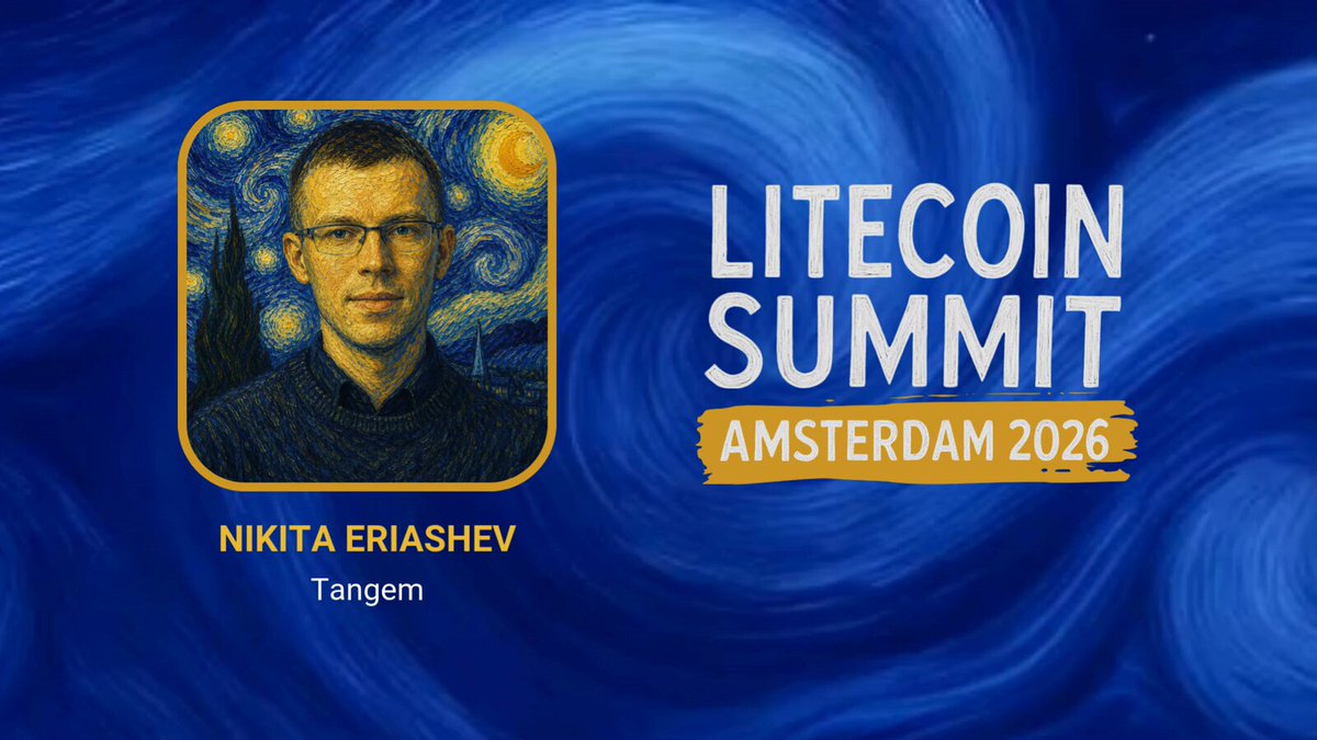 The image features a man wearing glasses with a blue background that says "Litecoin Summit Amsterdam 2016" written below him, along with his name and a picture of himself. The text also mentions that Nikita Eriashev will be speaking at the summit.
