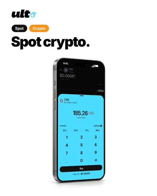 A promotional image for Ult's spot crypto trading feature shows a smartphone displaying a CRO purchase interface with a quantity of 185.26 USD and a Buy button, alongside the "Spot crypto" heading. The graphic visually reinforces the post's message that users can trade spot cryptocurrency directly through the Ult platform.