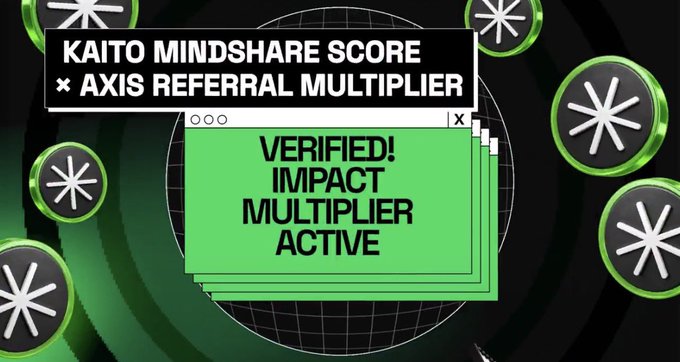 A graphic with green star symbols reading 'KAITO MINDSHARE SCORE × AXIS REFERRAL MULTIPLIER' with a pop-up stating 'VERIFIED! IMPACT MULTIPLIER ACTIVE'.