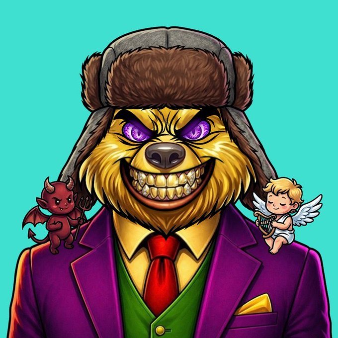A cartoonish illustration of a menacing bear-like creature in a purple suit and ushanka hat, with a small red devil and cherub perched on its shoulders against a teal background.