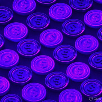 An array of glowing purple and blue digital coin tokens, likely representing cryptocurrency or stablecoins, are arranged in a repeating pattern. This visual ties to the post's news about 21 major financial institutions forming a new stablecoin company in 2026, with the "Google" watermark visible in the bottom right corner.