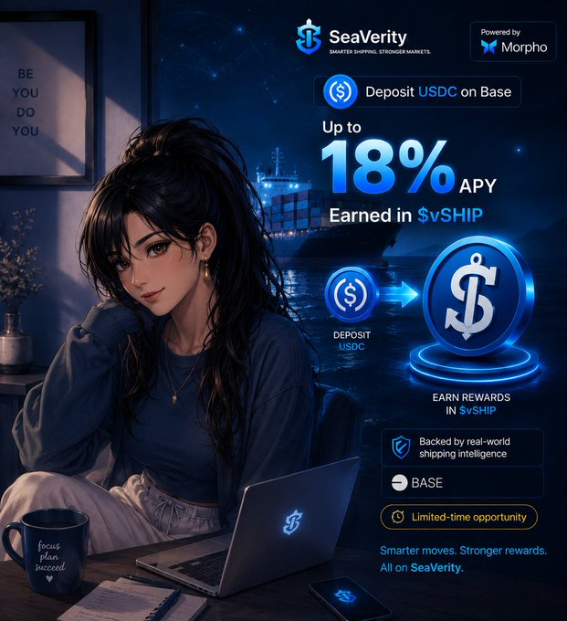 A promotional graphic for SeaVerity by Morpho featuring an anime-style woman working at a laptop, advertising 'Deposit USDC on Base' for 'Up to 18% APY' earned in $vSHIP.