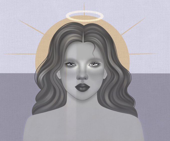 A grayscale digital portrait of a woman with wavy hair and dark lipstick, featuring a halo and radiant golden circle behind her head against a lavender background. The image corresponds to "The Gray Angel," a limited edition NFT artwork with 6 of 7 editions available at a price of 27.7 XTZ (Tezos cryptocurrency).