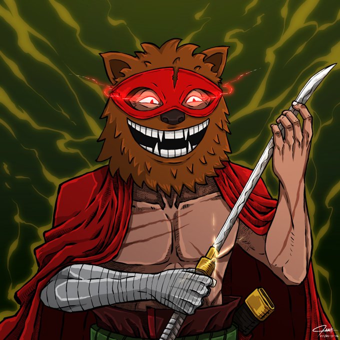 A digital illustration depicts a furry, anthropomorphic character with a wide, toothy grin and a glowing red mask, wearing a red cape and holding a sword against a green, lightning-filled background.