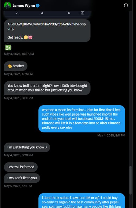 A black phone screen displays a conversation with multiple messages, including a message from James Wynn and a message from his brother.