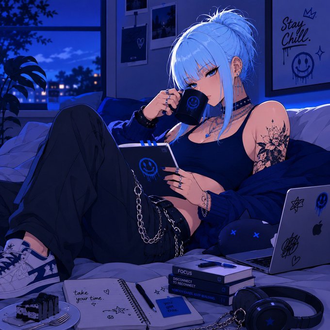 The image shows an anime-style girl with blue hair, tattoos, and a "Stay Chill" smiley poster, sipping from a mug and using a tablet in a moody blue-lit room featuring a laptop, headphones, and books titled "FOCUS" and "DISCONNECT TO RECONNECT." The post's themes of productivity and positive energy align with the "stay chill, focus, and disconnect to reconnect" motifs visible in the scene, though no $EPIK text appears in the image itself.