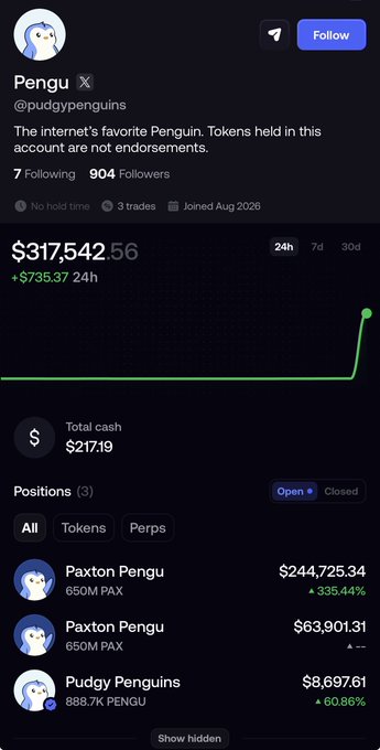 Hyperliquid portfolio screenshot for user 'Pengu' (@pudgypenguins) showing account value of $317,542.56 (+$735.37 24h) with open positions in Paxton Pengu (PAX) and Pudgy Penguins (PENGU) tokens.