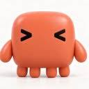 A small, round, orange cartoon-style character with squinting 'X' shaped eyes and short limbs, set against a plain white background.