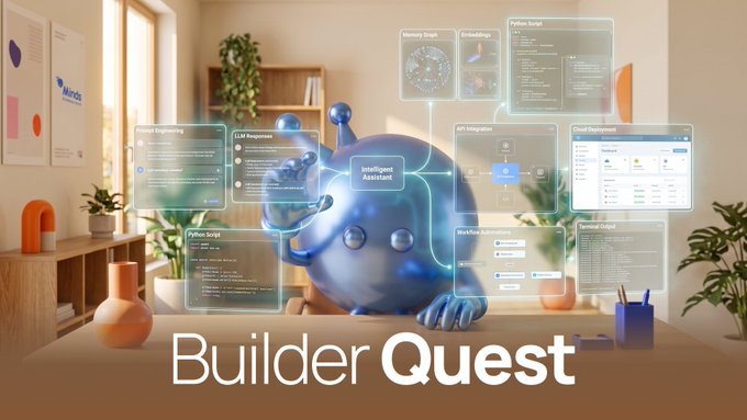 A blue cartoon character wearing virtual reality goggles sits at a desk surrounded by floating holographic UI panels displaying features like "Intelligent Assistant," "Python Script," "API Integration," "Workflow Automation," and "Terminal Graphs," with "Builder Quest" prominently displayed in the foreground—visually representing the immersive AI development experience promoted in the contest.